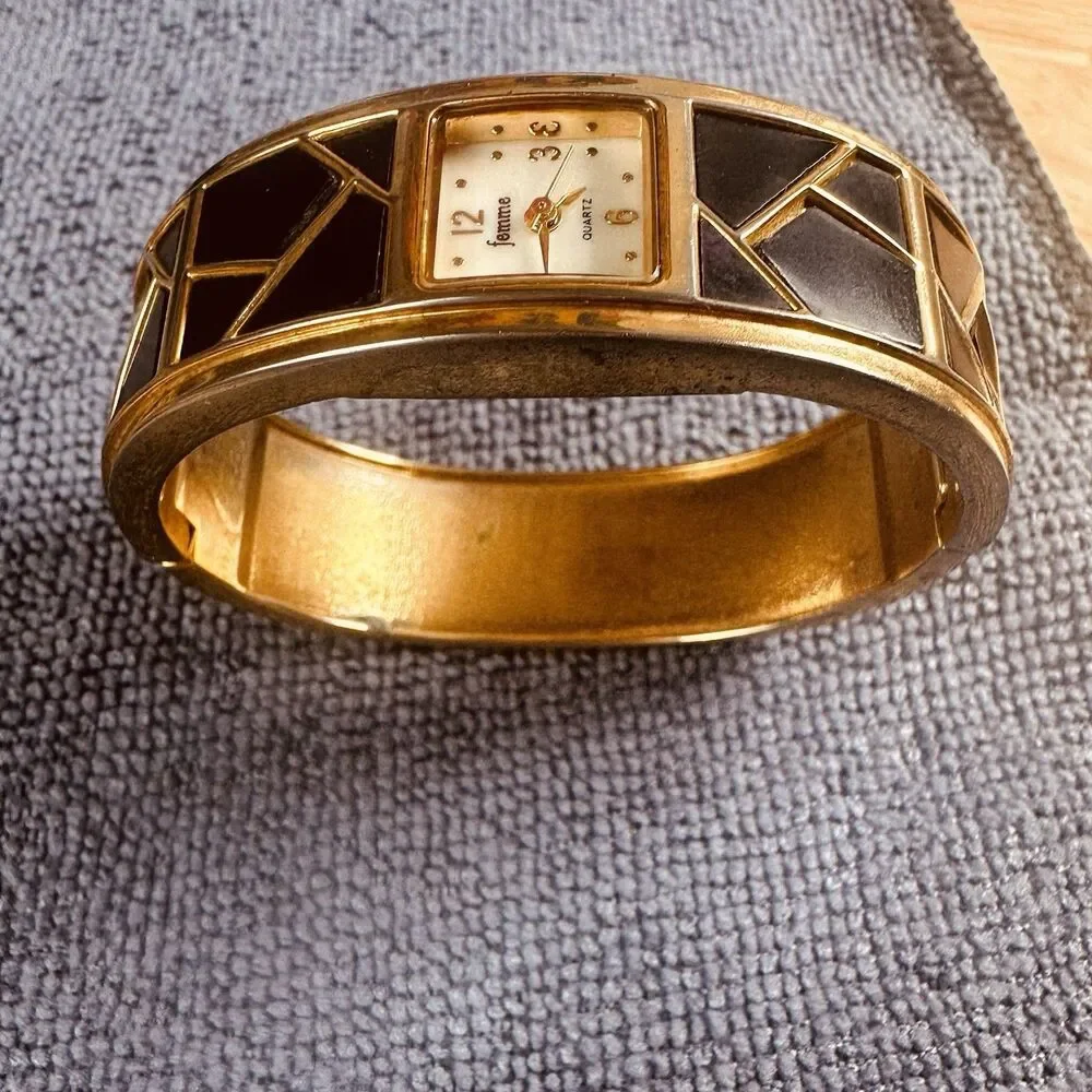 Vintage Femme Gold Tone Quartz Bangle Watch Black Geometric Art Deco Women’s